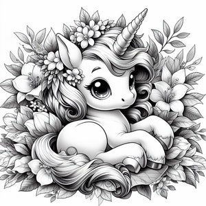 May include: A black and white illustration of a unicorn with a flower crown, sitting in a field of flowers.