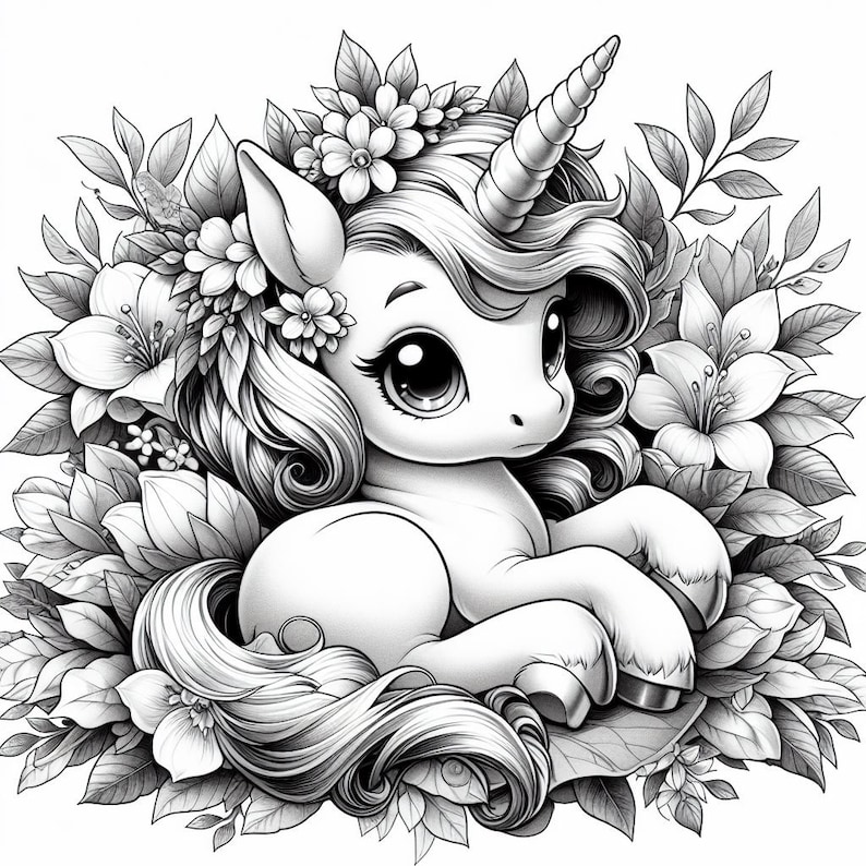 May include: A black and white illustration of a unicorn with a flower crown, sitting in a field of flowers.