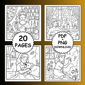 May include: Black and white line art illustrations of a young person in various scenes. The images include a person with a crystal ball, in a bath, with a teddy bear, and drawing on a wall. The text "20 PAGES" and "PDF + PNG DOWNLOAD" are also included.