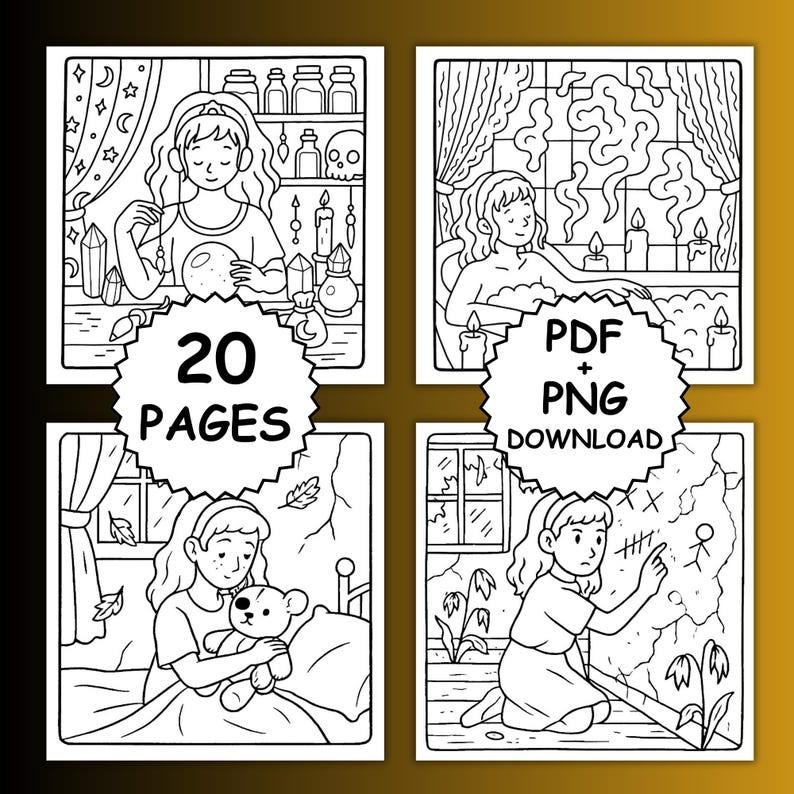 May include: Black and white line art illustrations of a young person in various scenes. The images include a person with a crystal ball, in a bath, with a teddy bear, and drawing on a wall. The text "20 PAGES" and "PDF + PNG DOWNLOAD" are also included.