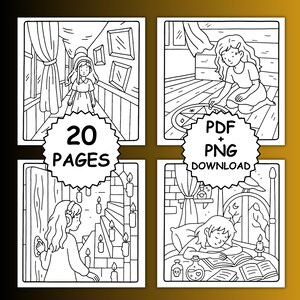 May include: Black and white line art illustrations of a coloring book with a witchy theme. The images include a girl in a hallway, a girl drawing a symbol, a girl near a staircase with candles, and a girl sleeping. The text says "20 PAGES" and "PDF + PNG DOWNLOAD".