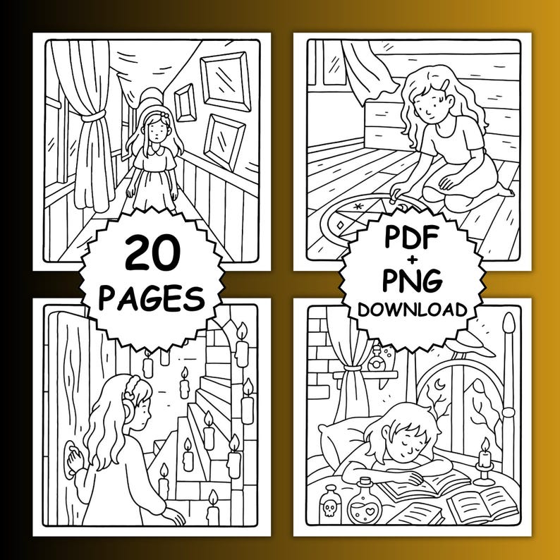 May include: Black and white line art illustrations of a coloring book with a witchy theme. The images include a girl in a hallway, a girl drawing a symbol, a girl near a staircase with candles, and a girl sleeping. The text says "20 PAGES" and "PDF + PNG DOWNLOAD".