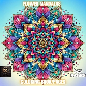 Puede incluir: Un libro para colorear de mandalas colorido con 125 páginas que presentan diseños florales intrincados. La portada presenta un mandala vibrante con tonos rosas, azules, amarillos y verdes.