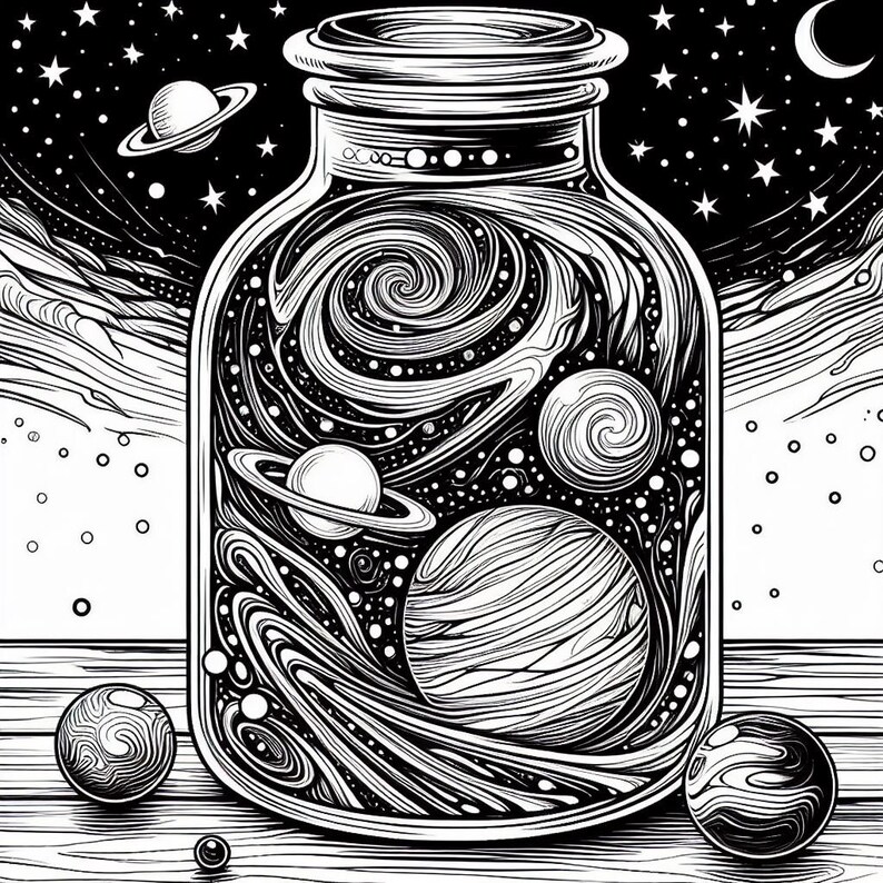 May include: A black and white illustration of a glass jar filled with a swirling galaxy, planets, and stars. The jar is sitting on a wooden surface.