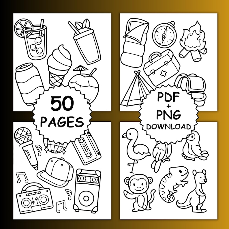 May include: Black and white line art illustrations of various objects and animals. The image includes drawings of a drink, ice cream, a tent, a compass, a campfire, a microphone, a baseball cap, a boombox, and more. Text reads "50 PAGES" and "PDF + PNG DOWNLOAD."