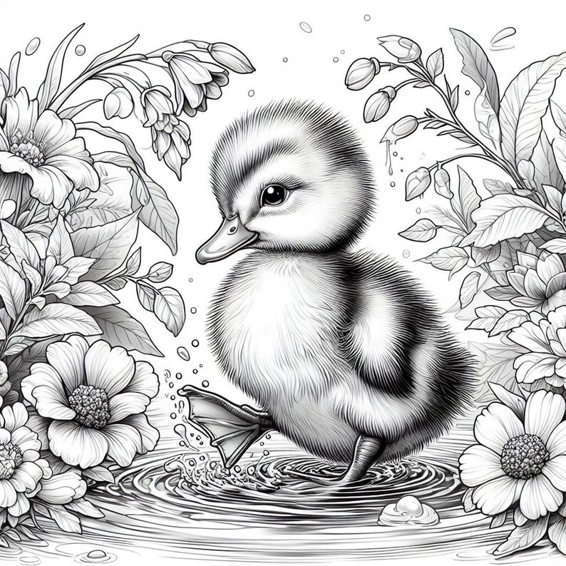 May include: A black and white illustration of a baby duckling standing in a pond with water ripples. The duckling is surrounded by flowers and leaves.