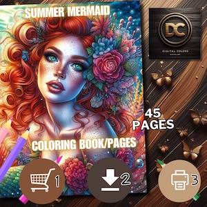 K&ouml;nnte beinhalten: Ein Malbuchcover mit einer Meerjungfrau mit roten Haaren und einer Blumenkrone. Das Cover tr&auml;gt den Text "SUMMER MERMAID" und "45 PAGES". Das Buch ist zum Download und Drucken verf&uuml;gbar.