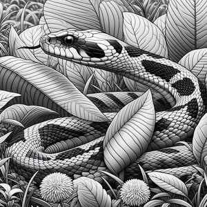 May include: Black and white illustration of a snake coiled among large leaves and foliage. The snake has a patterned body and a forked tongue extended. The artwork is detailed, with varying shades of gray creating depth and texture, suggesting a natural habitat.