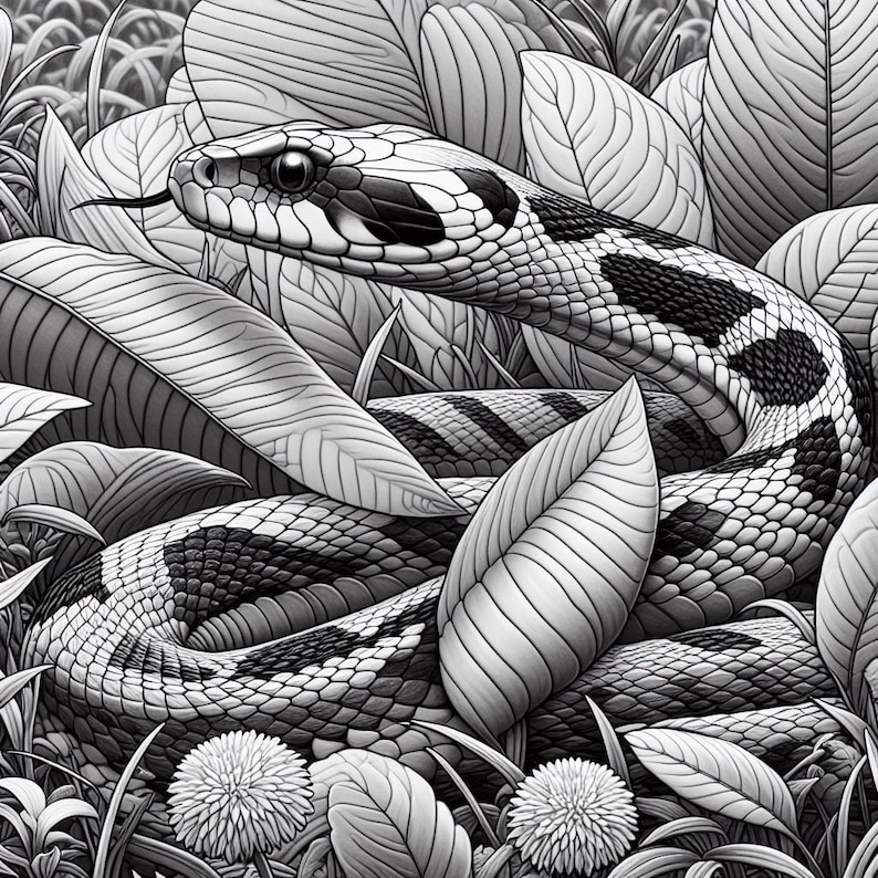 May include: Black and white illustration of a snake coiled among large leaves and foliage. The snake has a patterned body and a forked tongue extended. The artwork is detailed, with varying shades of gray creating depth and texture, suggesting a natural habitat.