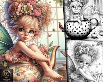 185 Bundle Fairy in Teapot Coloring Pages, Fairies Coloring Book, Gnome, Witch, Elf, Fantasy Grayscale Halloween for Adults & Kids Print Pdf