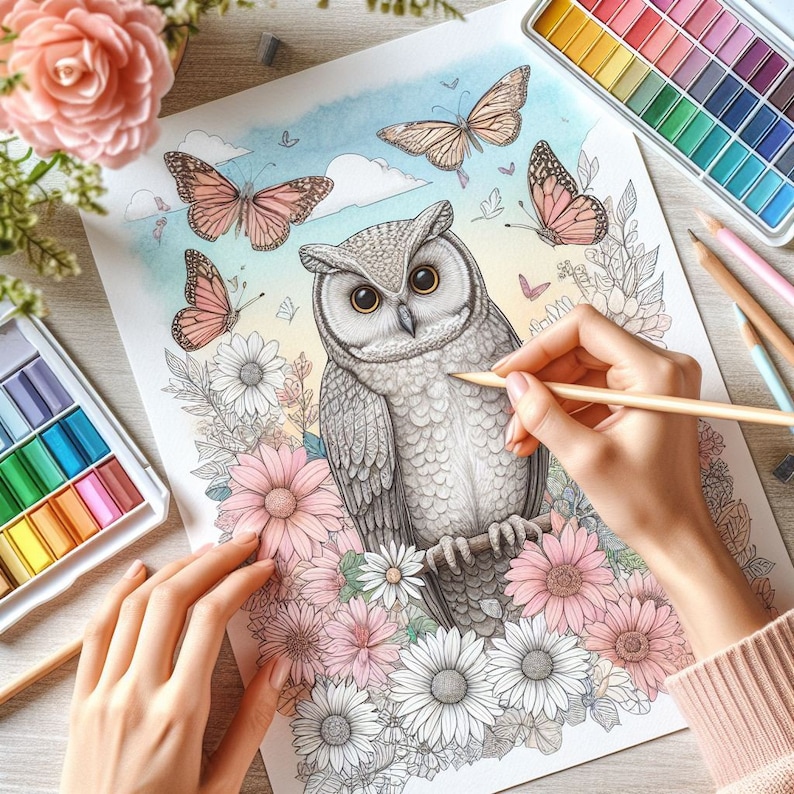 May include: A detailed coloring book page featuring a gray owl with large, yellow eyes, surrounded by colorful flowers and butterflies. The owl is perched on a branch with its wings spread out. The page is partially colored in with shades of pink, blue, and green.