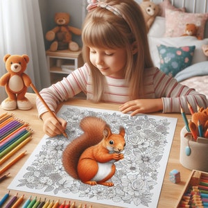 May include: A young person coloring a detailed illustration of a red squirrel sitting in a field of flowers. The illustration is surrounded by a border of flowers and leaves. The person is using colored pencils to color the illustration.