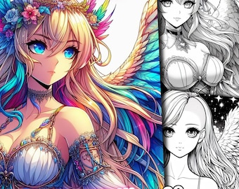 May include: A coloring book featuring an angel girl anime character with rainbow wings. The cover features a close-up of the character's face and wings. The title "Angel Girl Anime Coloring Book/Pages" is printed on the cover. The book has 39 pages.