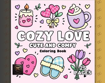 Cozy Love Bold and Easy Coloring Book, 25 Cute Cozy Coloring Pages, Coco Wyo Style, Kawaii Love Art, Printable PDF + PNG