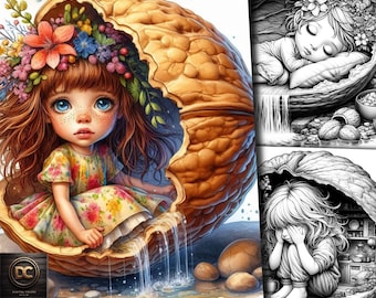 56 Floral Girl in a Nut Coloring Pages, Girl coloring Book, Grayscale Fantasy Flower Girl Coloring for Adults & Kids Download Printable Pdf