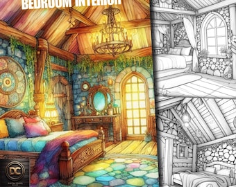 40 Fairy House Bedroom Coloring Pages, Fantasy Bedroom Coloring Book, Enchanted Interior Home Grayscale for Adults & Kids Printable Pdf