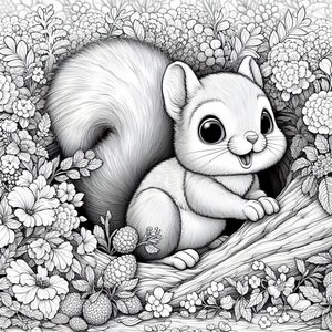 May include: A black and white line drawing of a cute squirrel sitting on a tree branch surrounded by flowers. The squirrel has large eyes and a big smile.