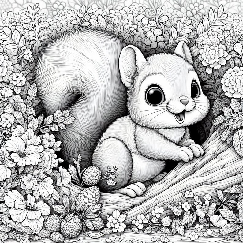 May include: A black and white line drawing of a cute squirrel sitting on a tree branch surrounded by flowers. The squirrel has large eyes and a big smile.