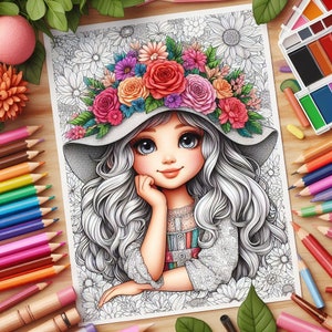 May include: A coloring page featuring a cartoon girl with long, flowing silver hair and a wide-brimmed hat adorned with colorful flowers. The image is surrounded by colored pencils, a watercolor palette, and other art supplies, suggesting a creative theme.