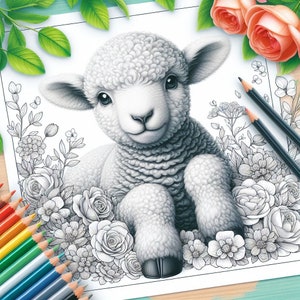 May include: A black and white illustration of a fluffy lamb sitting in a field of flowers. The lamb has a sweet expression and is surrounded by delicate flowers.
