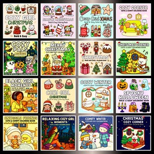May include: Sixteen square coloring books with festive themes such as Christmas and Halloween. Each book has colourful illustrations and text, with titles like "Cozy Girl Christmas" and "Spooky Halloween". The books are designed for easy coloring.