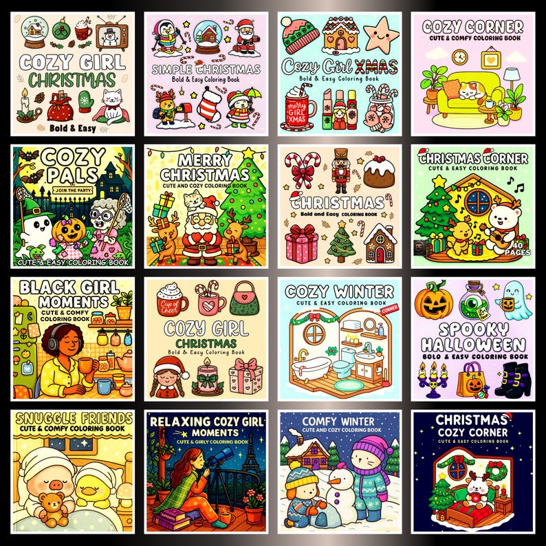May include: Sixteen square coloring books with festive themes such as Christmas and Halloween. Each book has colourful illustrations and text, with titles like "Cozy Girl Christmas" and "Spooky Halloween". The books are designed for easy coloring.