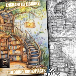 95 zaczarowana biblioteka kolorowanki, magiczne książki kolorowanka, biblioteka zaczarowanego lasu, nawiedzony domek na drzewie biblioteka fantasy dla dorosłych Print PDF