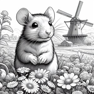 May include: A black and white illustration of a mouse sitting in a field of flowers. The mouse is looking to the right and has a windmill in the background.