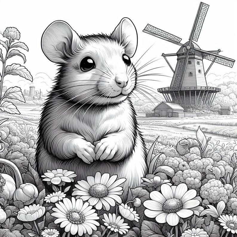 May include: A black and white illustration of a mouse sitting in a field of flowers. The mouse is looking to the right and has a windmill in the background.