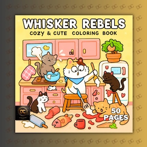 ウィスカー・レベルズのぬり絵（PDF PNG）、50ページ（大胆で簡単な大人向け）、かわいい猫のアート、ココ・ワイオミング風、デジタルダウンロード印刷、小さな猫たち
