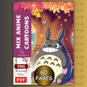 Könnte beinhalten: Ein digitales Malbuch-Cover mit dem Titel MIX ANIME CARTOONS, das einen großen grauen Totoro-Charakter unter einem Baum zeigt, zusammen mit einem gelben Pikachu und einem blauen Schmetterling. Das Cover enthält ein 60 PAGES Abzeichen und PNG- sowie PDF-Symbole.