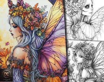 55 páginas para colorir de fadas de Halloween, livro para colorir de fadas de Halloween, abóbora, assustador, assustador, conto de fadas, escala de cinza, fantasia para adultos imprimir PDF