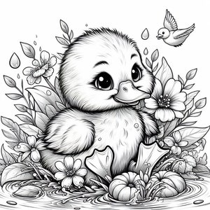 May include: A black and white illustration of a cute duckling sitting in a pond with flowers and a bird flying overhead.