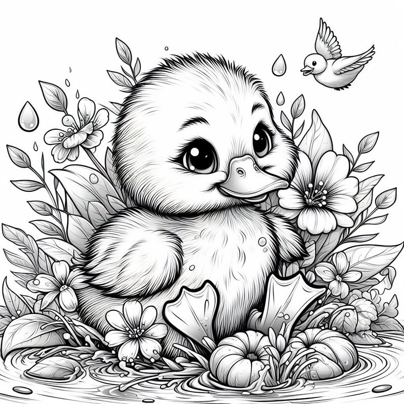 May include: A black and white illustration of a cute duckling sitting in a pond with flowers and a bird flying overhead.