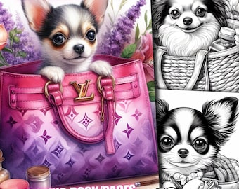 53 Cane Chihuahua in una borsa, Cani Chihuahua in una borsa Libro da colorare, Pagine da colorare in scala di grigi per bambini adulti Scarica stampabile