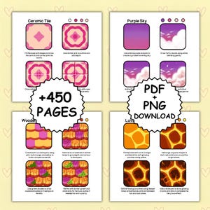 以下が含まれることがあります： Ceramic Tile、Purple Sky、Wooden、Lavaというタイトルの4つのセクションで構成されたデジタル描画チュートリアルガイド。各セクションには、テクスチャを作成するための段階的な視覚的指示が含まれています。中央のテキストには +450 PAGES PDF + PNG DOWNLOAD と書かれています。