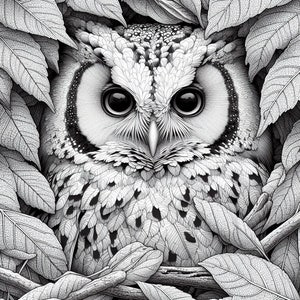 May include: A black and white illustration of an owl with large eyes, peering out from behind a cluster of leaves.