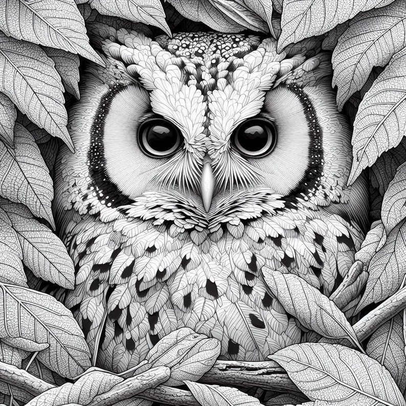 May include: A black and white illustration of an owl with large eyes, peering out from behind a cluster of leaves.