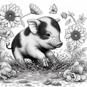 May include: A black and white piglet with a patch of white fur on its head is jumping in a puddle of water. The piglet is surrounded by flowers and leaves.