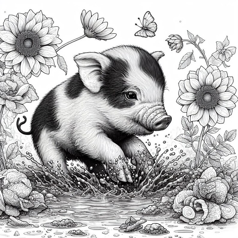 May include: A black and white piglet with a patch of white fur on its head is jumping in a puddle of water. The piglet is surrounded by flowers and leaves.