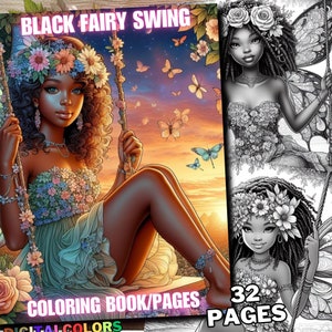 32 graziose fatine nere floreali altalena pagine da colorare Fantasy donne afro libro da colorare ragazze africane in scala di grigi per adulti e bambini stampabile