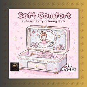 Puede incluir: Un libro para colorear titulado "Soft Comfort" con una linda ilustración de bailarina. La portada presenta una caja de joyería rosa con una figura de bailarina, lazos y estrellas. El libro tiene 48 páginas.