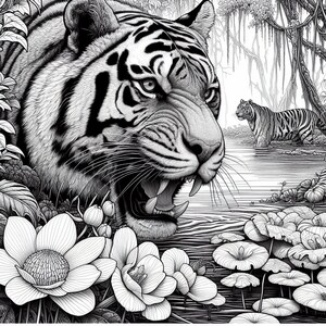 Puede incluir: Una ilustraci&oacute;n en blanco y negro de un tigre con la boca abierta, mostrando sus dientes. El tigre est&aacute; en un entorno de jungla con agua y flores.