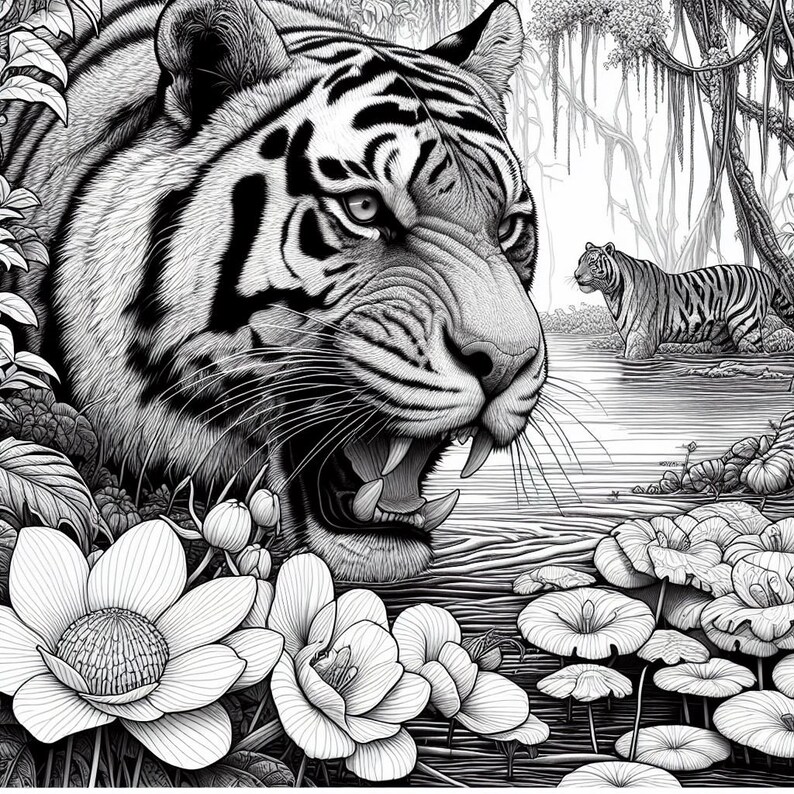 Puede incluir: Una ilustraci&oacute;n en blanco y negro de un tigre con la boca abierta, mostrando sus dientes. El tigre est&aacute; en un entorno de jungla con agua y flores.