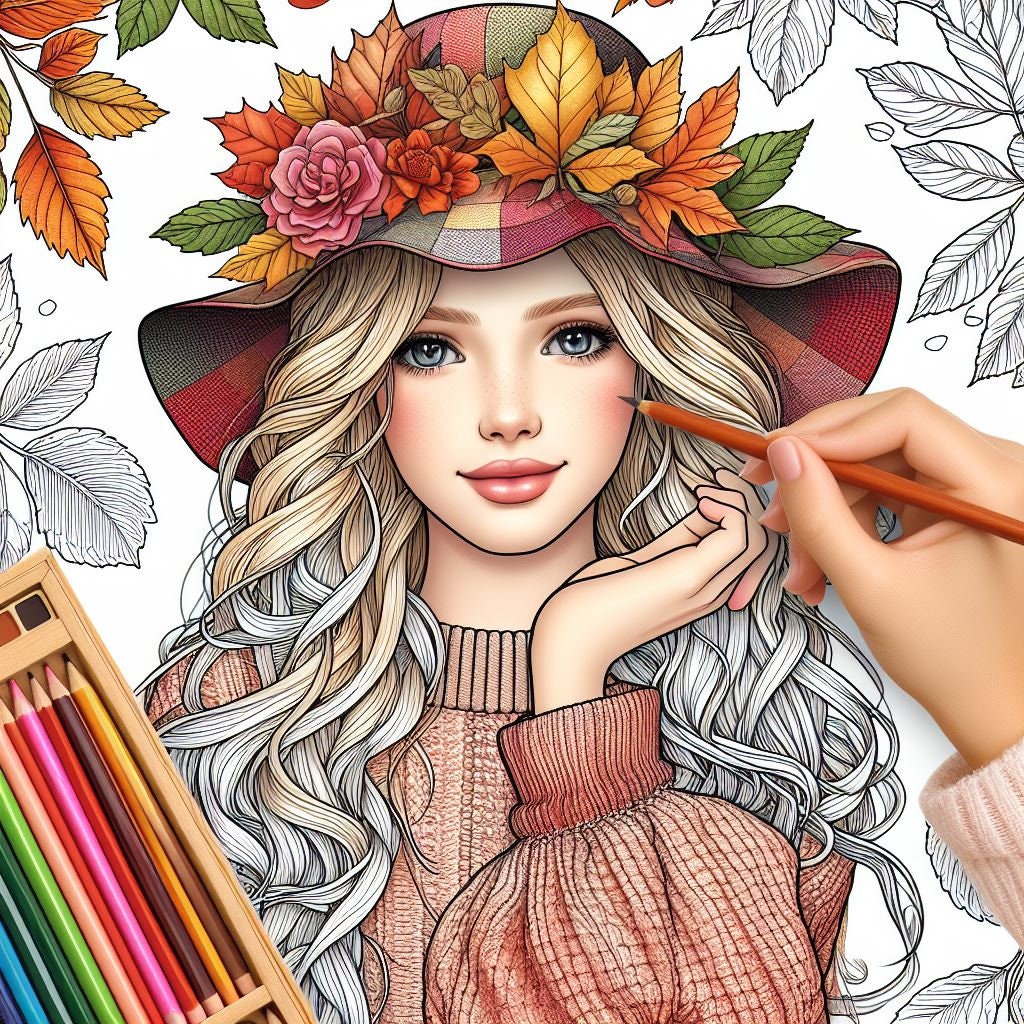 36 Fall Girl Coloring Book Printable Autumn Beauties Woman Rustic ...