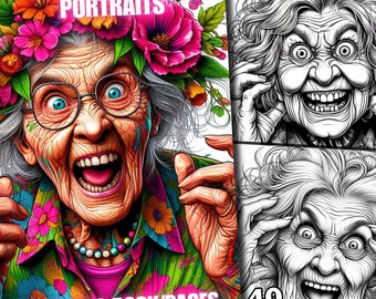 May include: A coloring book with 40 pages featuring illustrations of a woman with a flower crown and a crazy expression. The book is titled "Crazy Grandma Portraits".