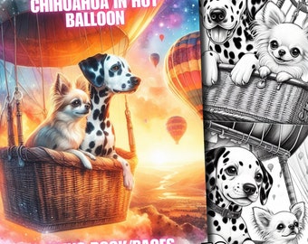 58 pagine da colorare di cani dalmata e chihuahua in mongolfiera, libro da colorare per cani dalmata e chihuahua in mongolfiera, stampabile per adulti