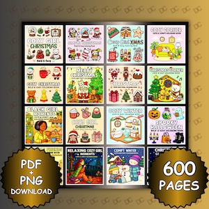 Puede incluir: Una colección de 16 libros para colorear con varios temas, incluyendo Navidad, Halloween y momentos acogedores. Los libros presentan ilustraciones coloridas y el texto "PDF + PNG DOWNLOAD" y "600 PAGES".