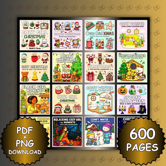 Bundle Bold and Easy Coloring Book, 600 Simple Coloring Pages 16 Cozy Cute Coloring Books Kawaii Christmas Collection PDF PNG
