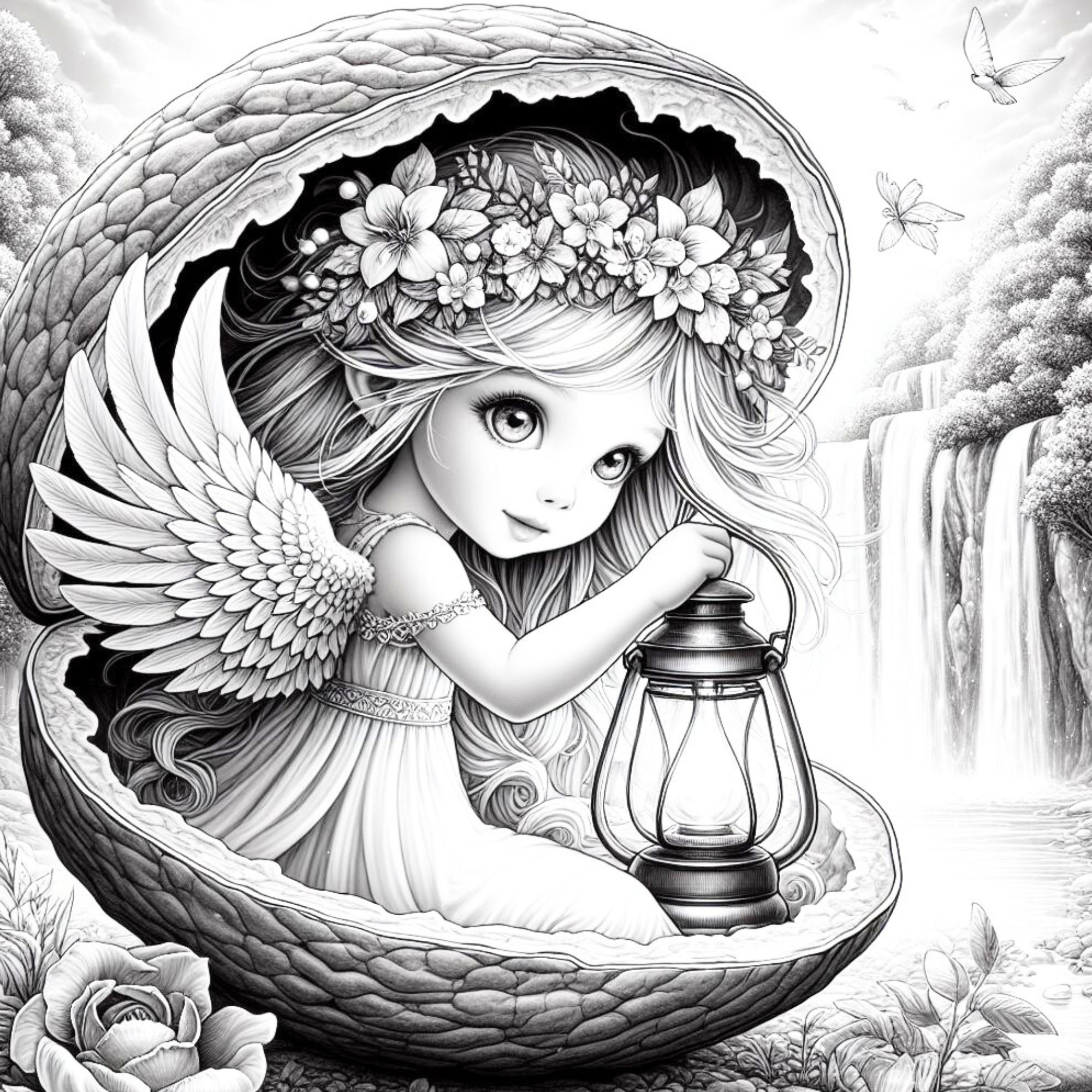 49 ナッツの中の天使の女の子のぬりえページ、天使のぬり絵、グレースケールのファンタジー天使のぬりえ、大人と子供向け 印刷可能な PDF  をダウンロード - Etsy 日本, image size:2000x2000